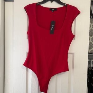 Lulu's Vibrant Red Ribbed Scoop-Neck Bodysuit